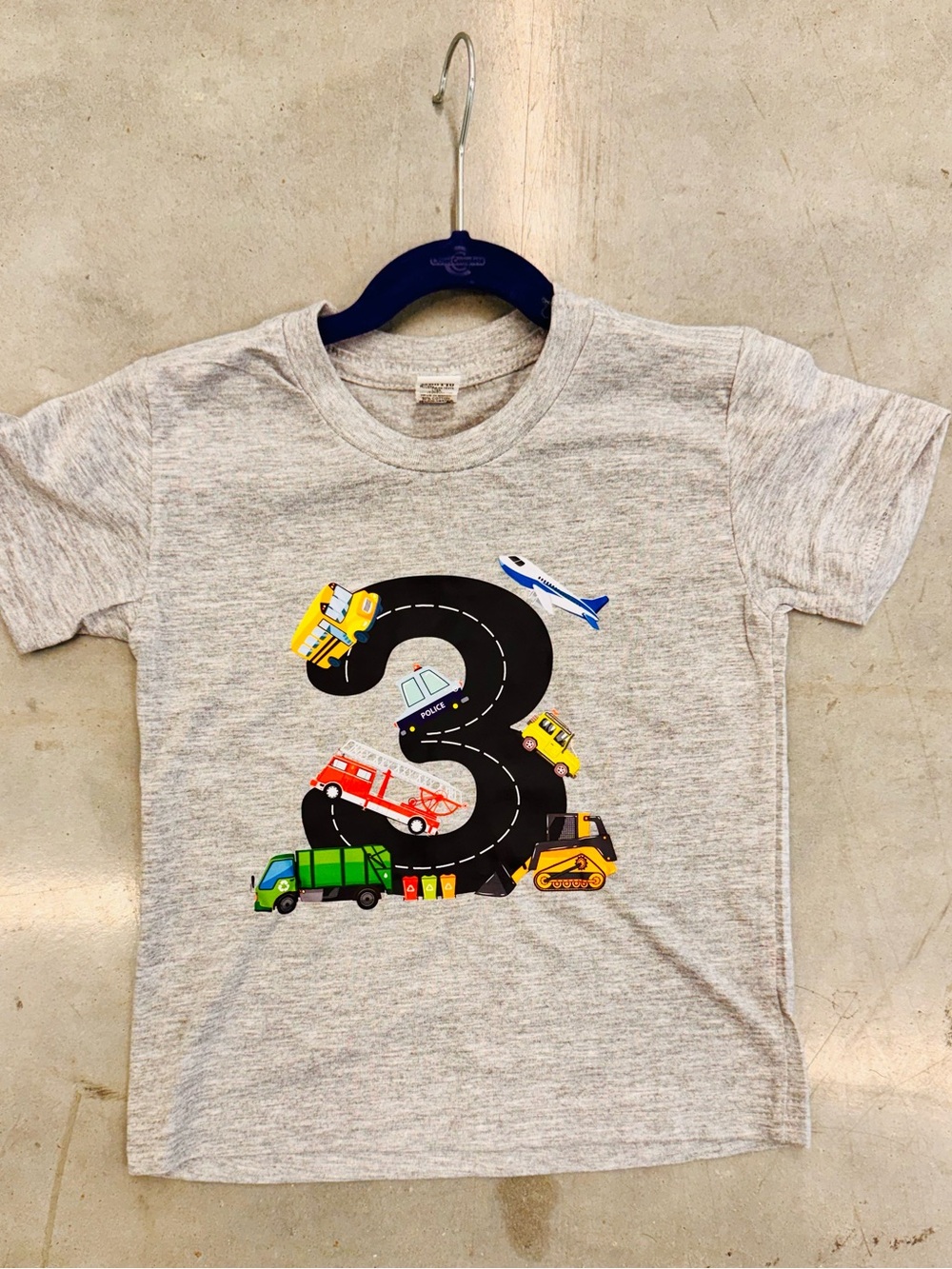 NEW! Gray Kids Short Sleeve Tee with Number 3 Road Vehicles birthday shirt